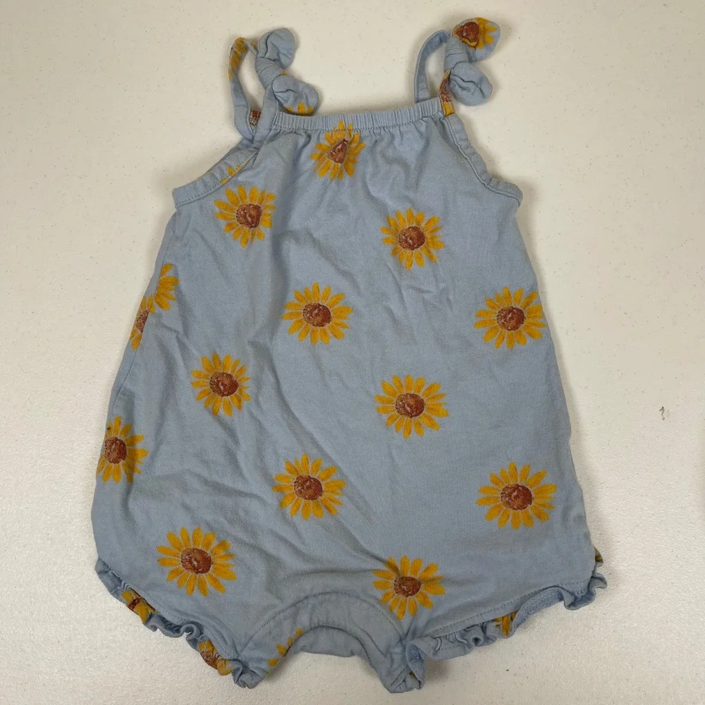 Baby Girl Romper Set‎ 3pc Sunflower Stripe Ladybug Ruffle Tie Shoulder Summer